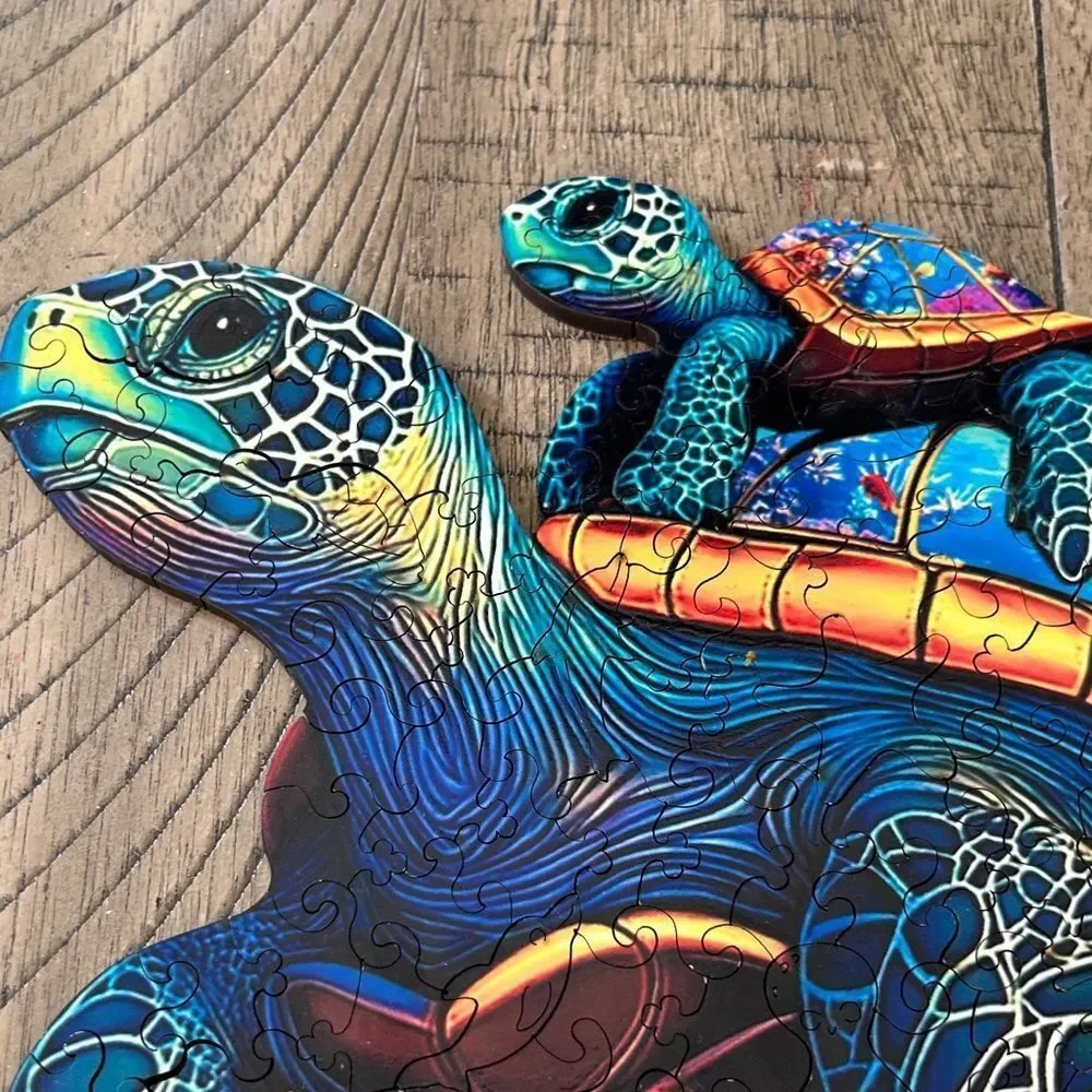 Colorful Sea Turtle Art 🖼️ Puzzle 🧩 wood box & burlap bag